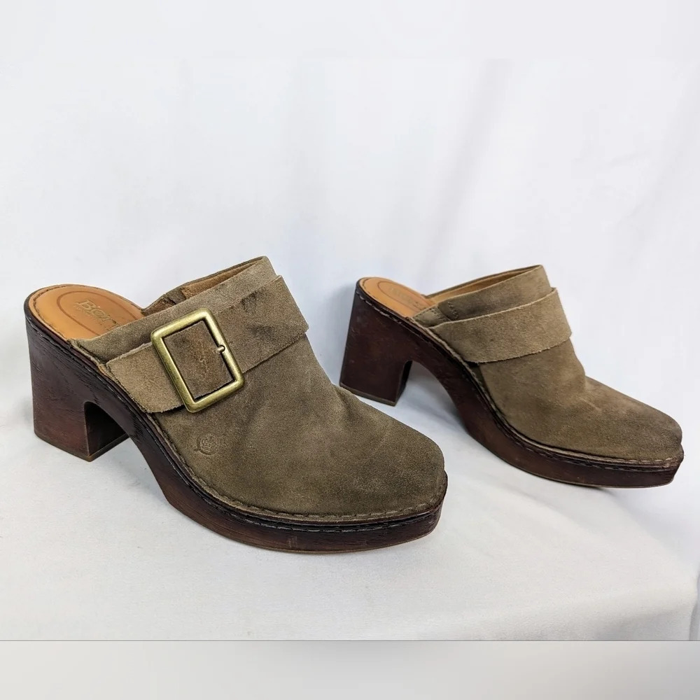 BORN Hannah 10 Taupe Distressed Suede Leather Clogs Mules Shoes Heels Faux Wood